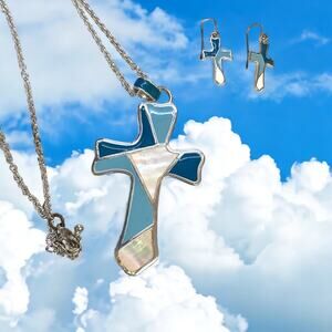Large Cross Pendant Cyan blue mosaic pattern with Cross earrings 2pc lot